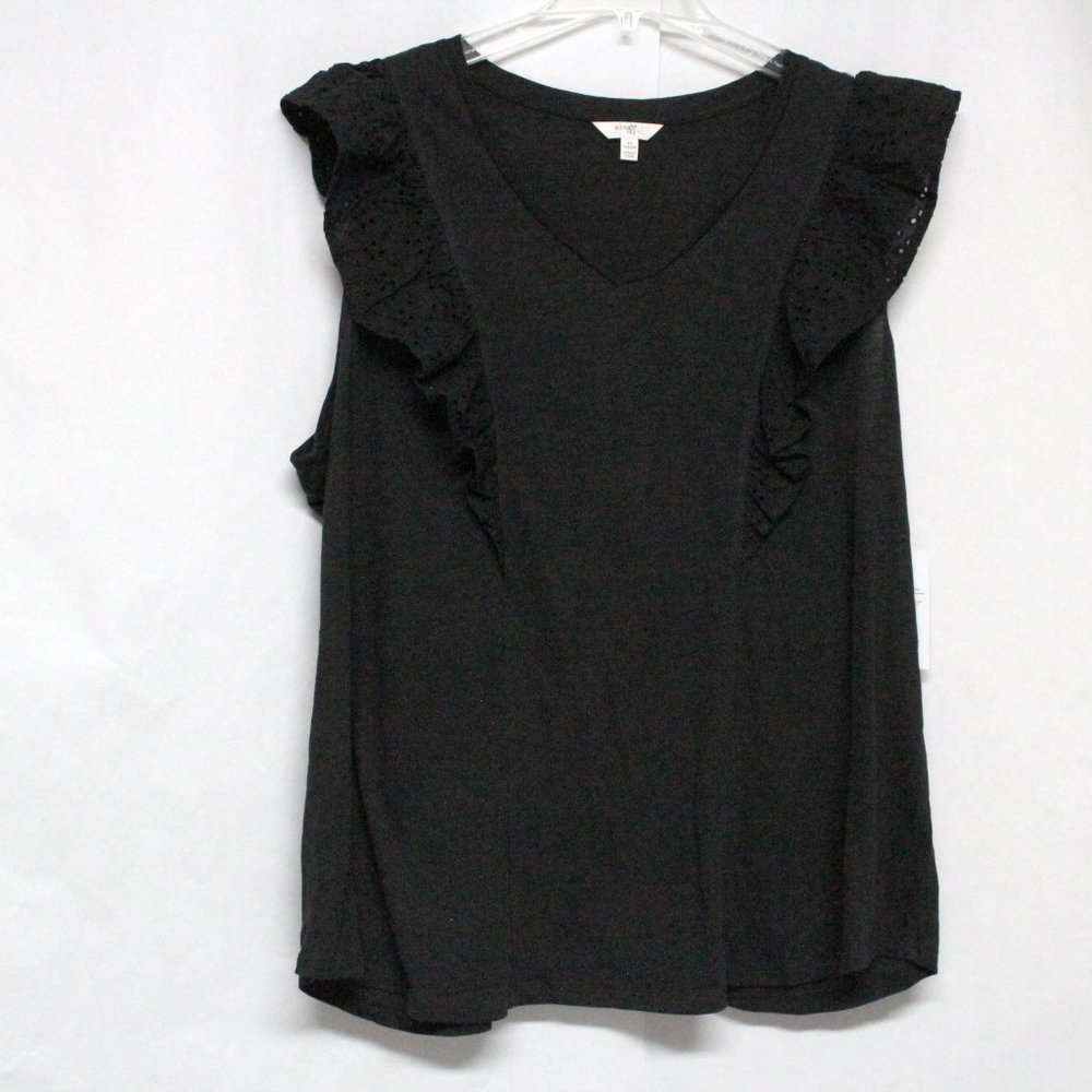 Women's Terra & Sky 2X (20W - 22 W) Black Eyelet Mix Knit Top With Ruffle Sleeve